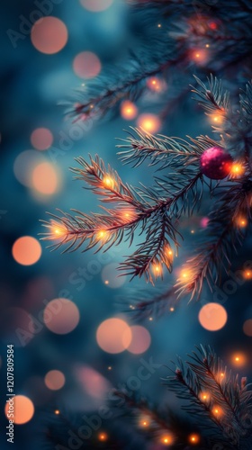 Festive pine branch adorned with glowing lights and red ornaments at night