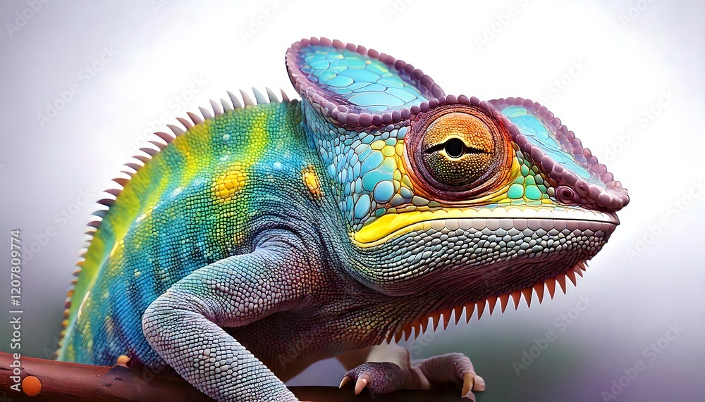 Colorful close-up of a vibrant chameleon with intricate skin details on a neutral background Colorful close-up of a vibrant chameleon with intricate skin details on a neutral background