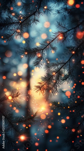 Festive pine branch adorned with glowing lights and red ornaments at night