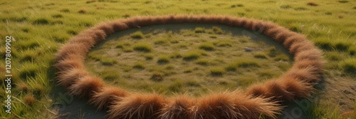 Circle of dead brown grass on a lawn with a natural background , fungus infection, dead grass texture, fungal disease