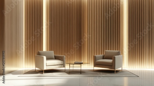 A modern lounge area featuring two beige armchairs and a glass coffee table set against a wooden-paneled wall. photo