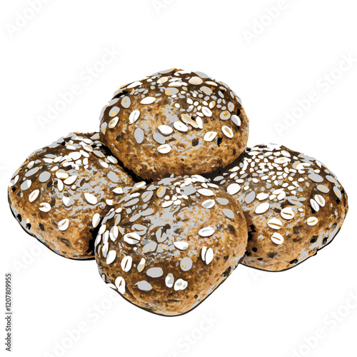 Buns with oat flakes and sesame seeds isolated vector illustration (2)