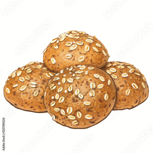 Buns with oat flakes and sesame seeds isolated vector illustration (4)