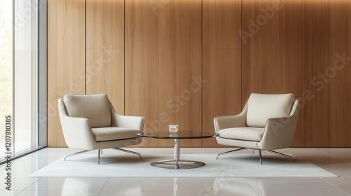 A modern lounge area featuring two beige armchairs and a glass coffee table set against a wooden-paneled wall. photo