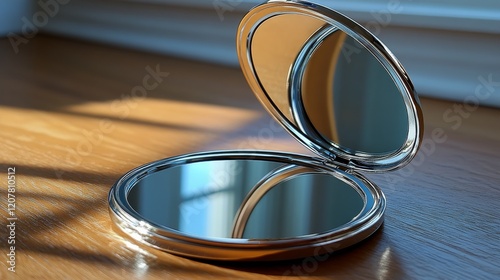 Elegant handheld mirror reflecting soft light near blooming flowers on a table