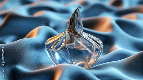 Intriguing glass sculpture resting on textured blue fabric under soft light