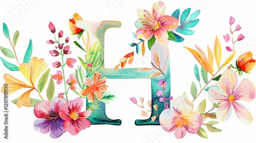 Elegant Letter H Floral Alphabet with Watercolor Flowers and Leaves