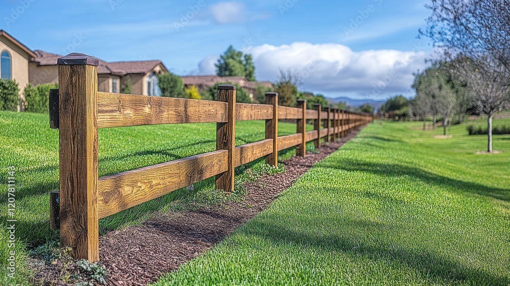 Rustic wooden fence along grassy field, sunny day. Rustic wooden fence along grassy field, sunny day.