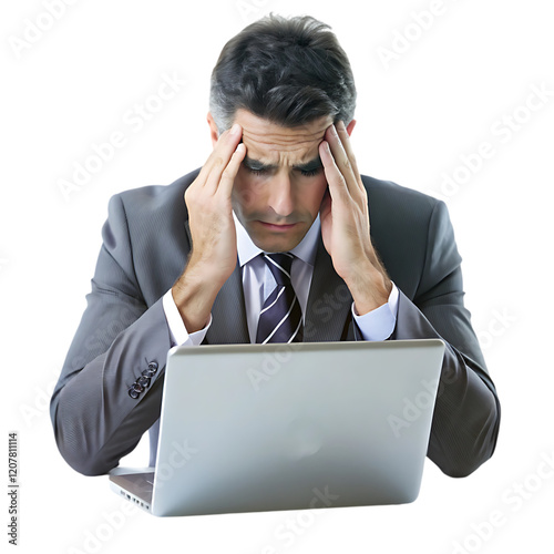Stressed Businessman Laptop Problem Worried Serious Gray Suit grey work male tired adult  
