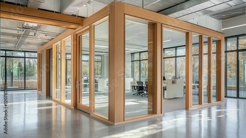 A modern office interior featuring a conference room with wooden flooring and large windows showcasing a city view in the background. photo