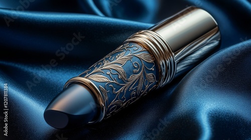 Elegant vintage cylinder with intricate floral design resting on soft fabric ...
