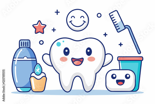 Cute Cartoon Tooth Character with Dental Hygiene Items in Kawaii Style