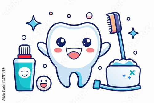 Cute Cartoon Tooth Character with Dental Hygiene Items in Kawaii Style