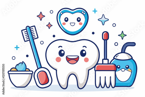 Cute Cartoon Tooth Character with Dental Hygiene Items in Kawaii Style