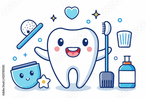 Cute Cartoon Tooth Character with Dental Hygiene Items in Kawaii Style