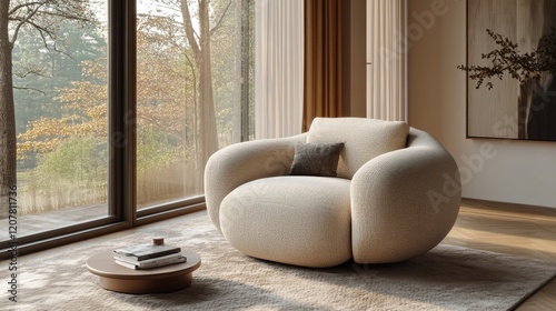 Cozy corner with large window and modern chair in a minimalist interior desig...
