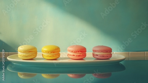 Colorful macarons arranged on a white plate against a teal backdrop in a cozy...