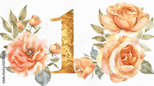 Elegant Gold Number 1 with Watercolor Flowers, Roses, and Leaf Design