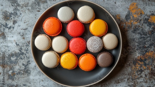 Colorful macarons arranged on a white plate against a teal backdrop in a cozy...