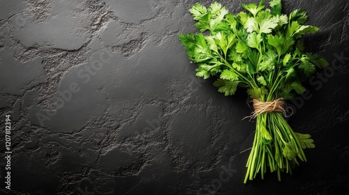Fresh sage bundle arranged on a slate board for culinary preparation and flav...