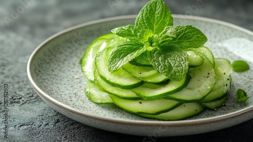Fresh cucumber salad garnished with mint leaves on a textured plate for a vib...