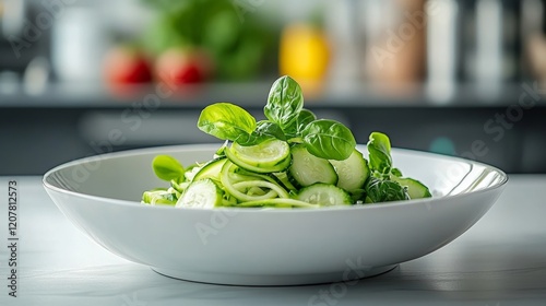 Fresh cucumber salad garnished with mint leaves on a textured plate for a vib...