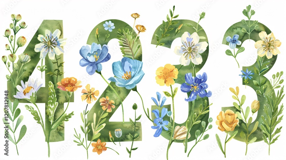 Fototapeta premium Elegant Number Four Watercolor Wild Flowers Leaf Design