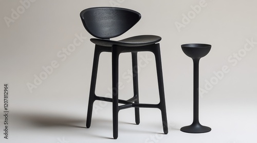 Modern interior featuring black bar stools at a stylish home bar with natural...