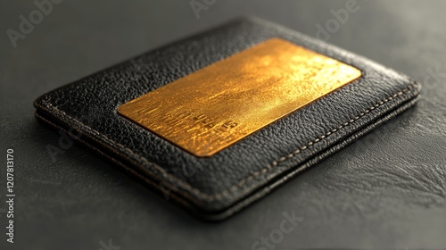 Elegant black leather wallet with gold card holder resting on a dark background