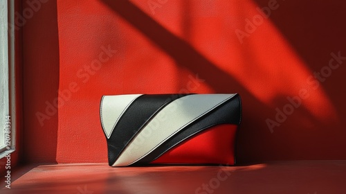 Black and white wallet on a red background showcasing modern accessory design...