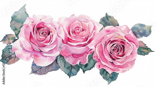 Elegant Pink Roses Bouquet Watercolor Flowers Isolated on White Background