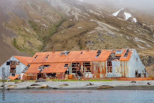 Views of the abandoned whaling station at Stromness Harbor on South Georgia Island, Southern Ocean photo