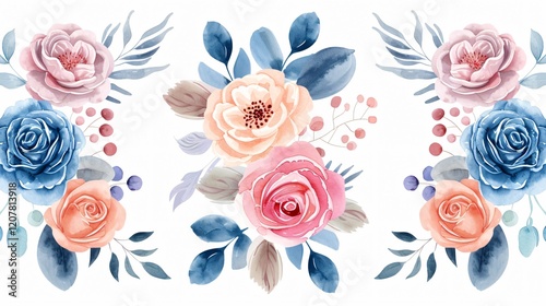 Vibrant Watercolor Roses and Blue Flowers Bouquet - Floral Design Element