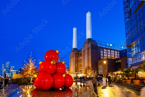 Christmas Decorations at Battersea Power Station at dusk, Battersea, London, England, United Kingdom. photo