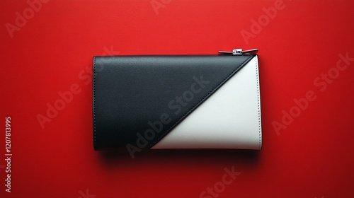 Black and white wallet on a red background showcasing modern accessory design...