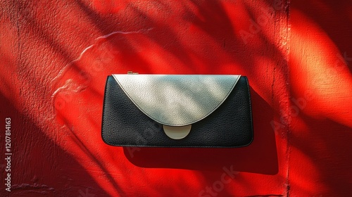 Stylish wallet on a vibrant red background with striking shadows and contrast