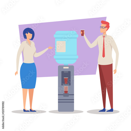 Two professionals engaged in lively conversation next to water cooler. Man holding drink while woman gesturing animatedly during discussion