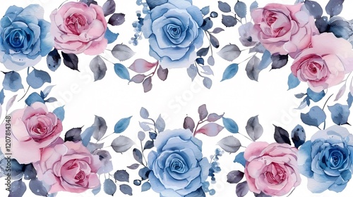 Elegant Seamless Border Frame with Pink Blue Roses Leaves Watercolor Pattern