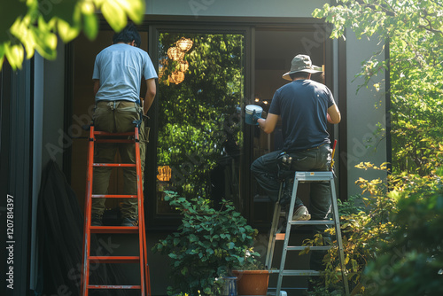 Two painters enhance the exterior of a house with vibrant colors while standing on ladders during a sunny residential area, demonstrating skilled craftsmanship teamwork to achieve a polished finish
