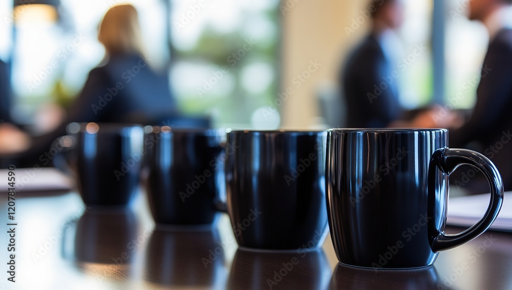 A close-up of black coffee mugs arranged on the table, with blurred figures in business attire A close-up of black coffee mugs arranged on the table, with blurred figures in business attire
