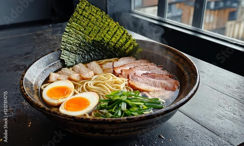 Japanese ramen bowl with boiled eggs and pork slices, traditional ramen served with seaweed, perfect for Japanese food ads, menus, or cooking blogs