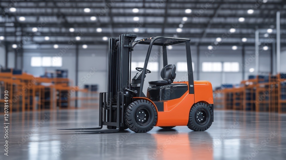A modern orange forklift in a bright warehouse, highlighting its use in logistics and distribution. A modern orange forklift in a bright warehouse, highlighting its use in logistics and distribution.