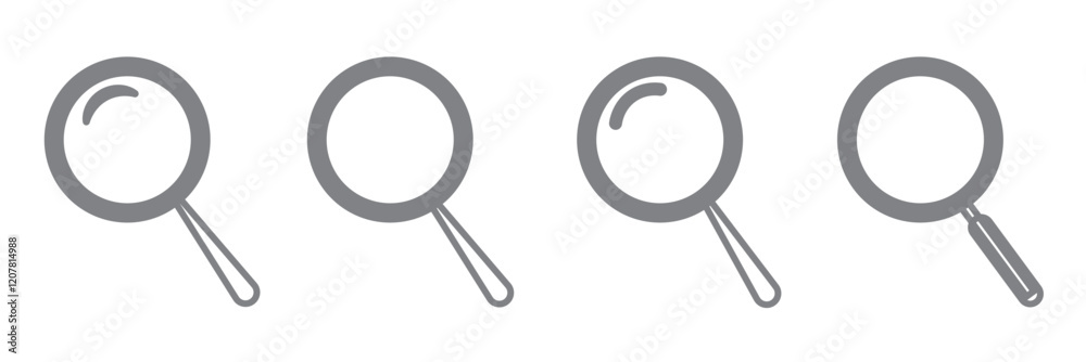 Magnifying glass simple icon collection. Search icon set, zoom in and zoom out icons. Magnifier or loupe with check mark sign. Vector illustration. Magnifying glass simple icon collection. Search icon set, zoom in and zoom out icons. Magnifier or loupe with check mark sign. Vector illustration.
