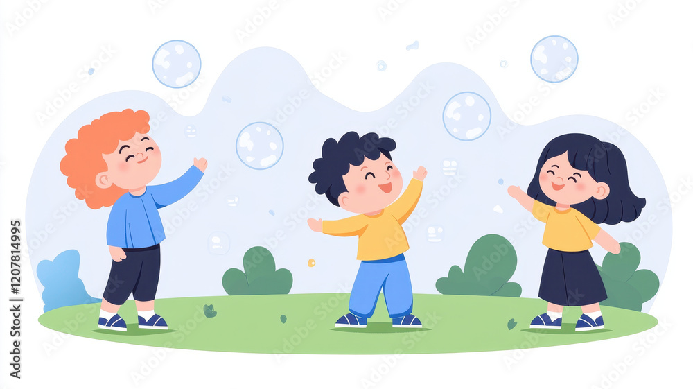 Happy children playing with bubbles in park, enjoying sunny day. Their laughter fills air as they chase colorful bubbles, creating joyful memories together Happy children playing with bubbles in park, enjoying sunny day. Their laughter fills air as they chase colorful bubbles, creating joyful memories together