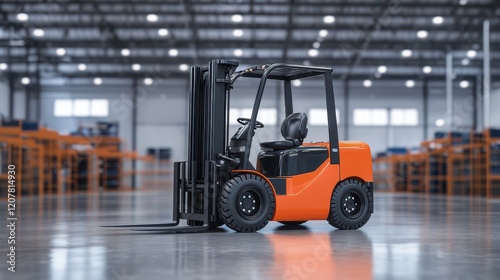 A modern orange forklift in a bright warehouse, highlighting its use in logistics and distribution. photo
