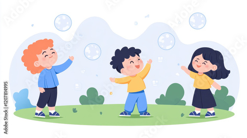 Happy children playing with bubbles in park, enjoying sunny day. Their laughter fills air as they chase colorful bubbles, creating joyful memories together