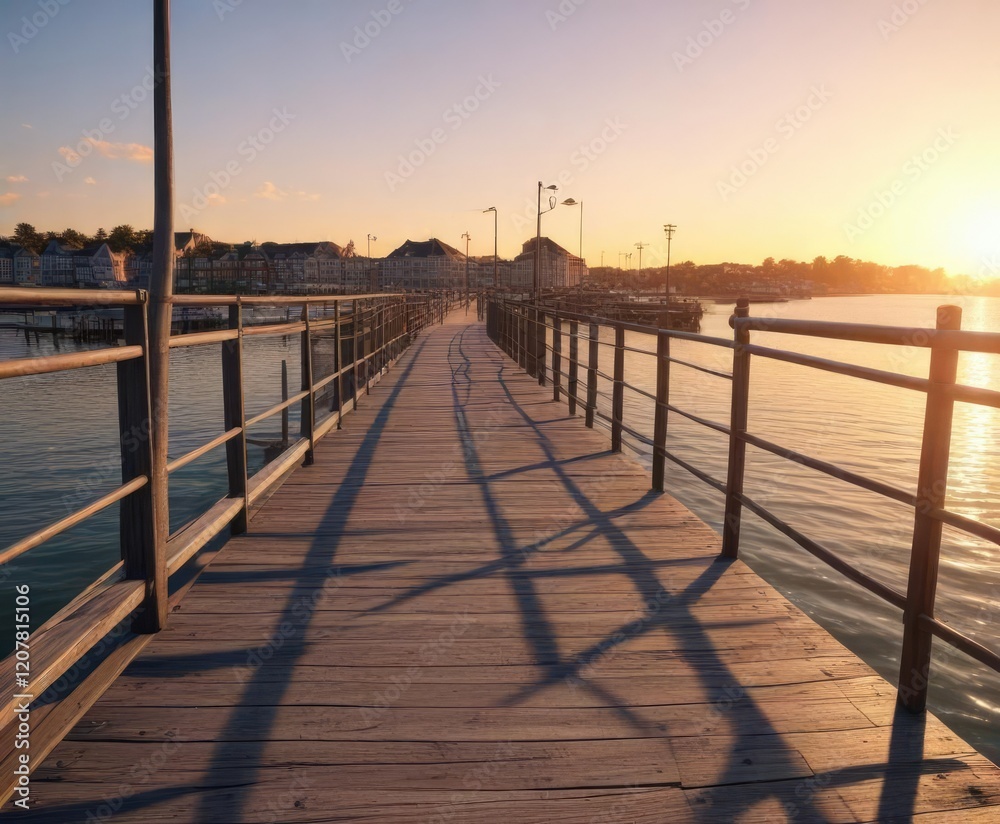 Fototapeta premium Bright sunshine illuminates a vibrant overhead of bay and boardwalk at sunset , sunset, sailing boats
