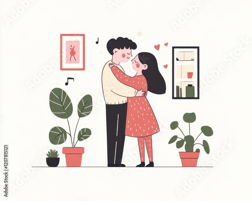 happy couple embracing in cozy living room surrounded by plants, expressing love and joy. warm atmosphere is enhanced by musical notes and heart symbols