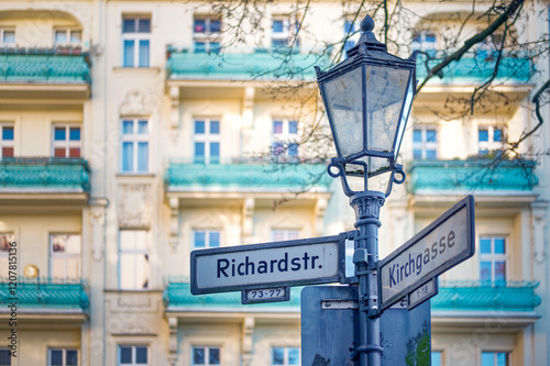 View of an old lantern in the historic district of Rixdorf in Berlin.