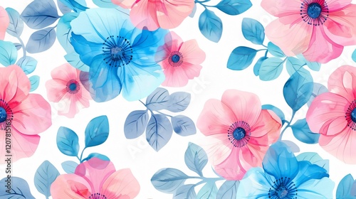 Elegant Seamless Watercolor Pink and Blue Flower Pattern for Design Projects